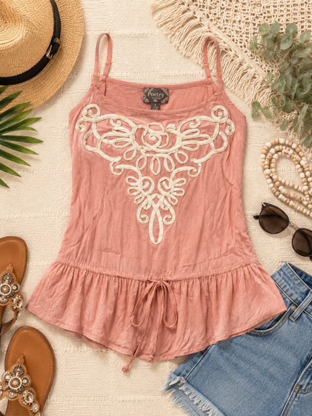 Poetry Clothing Pink Embroidered Boho Tunic Tank Top Size Small Cottagecore